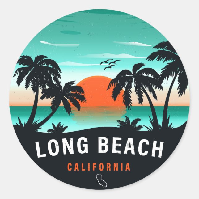 Long Beach California Retro Sunset Souvenirs 80er Runder Aufkleber (Vorderseite)