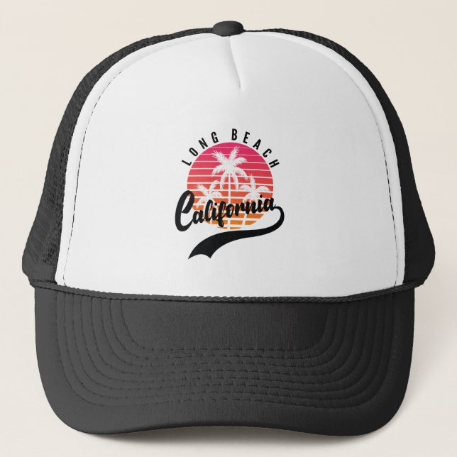 Long Beach, California Retro Sunset Trucker Hat Truckerkappe (Vorderseite)