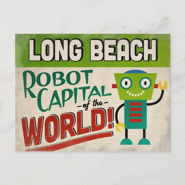 Long Beach California Robot - Funny Vintag Postkarte (Vorderseite)
