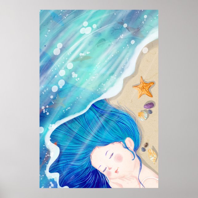 Long Blue-haired Angel Sleeping On The Beach Poster (Vorne)