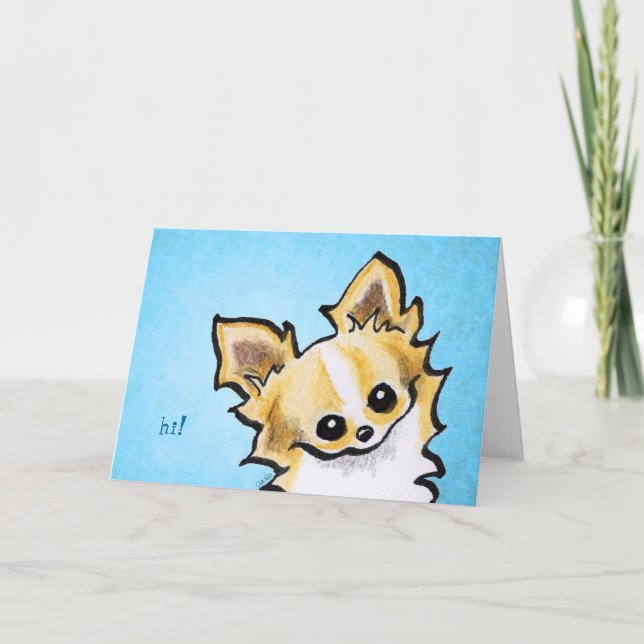 Long Hair Chihuahua Fawn/White Hello Custom Karte (Vorderseite)