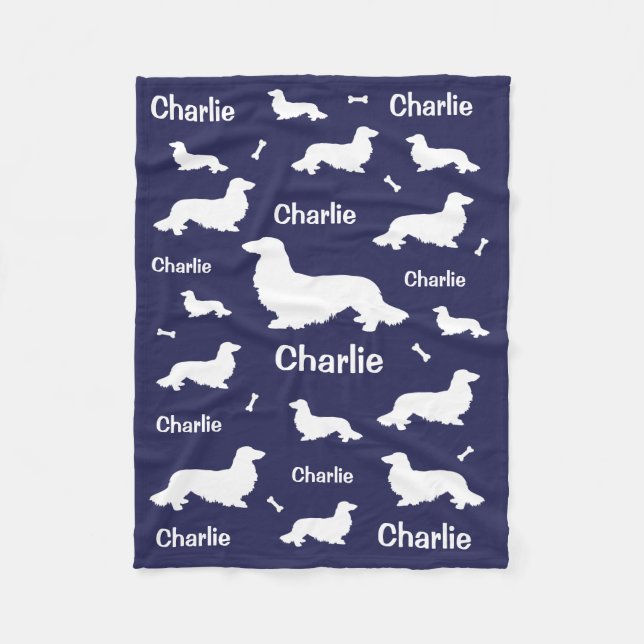 Long Hair Dackel Personalisiert Navy Blanket Fleecedecke (Vorderseite)