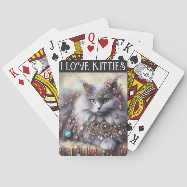 Long Hair Gray Cat w/Juwelen I Liebe Kätzchen Spielkarten (Rückseite)