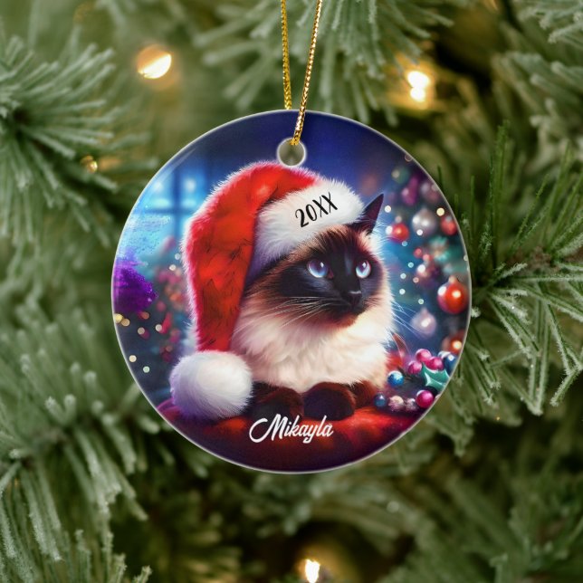 Long Hair Siamese Katze in einer Weihnachtsmannmüt Keramik Ornament (Baum)