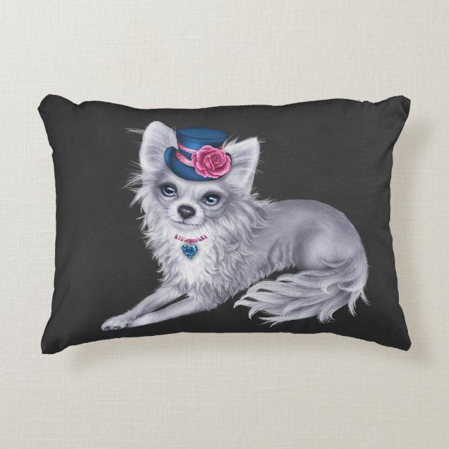 Long Haired Chihuahua Coussin en Casquette avec fl (Devant)