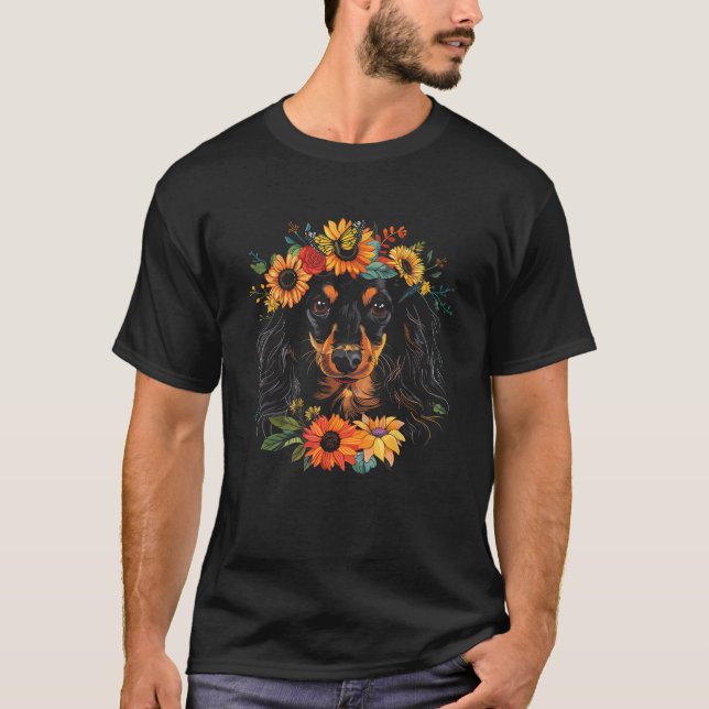 Long Haired Dachshund Dog Cute Floral Sunflower Co T-Shirt (Vorderseite)