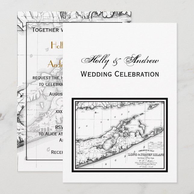 Long Island The Hamptons Map VC Wedding Black Einladung (Vorne/Hinten)