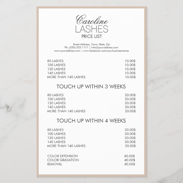 Long Lash Extensions Cream Borded Price List Flyer (Vorne)