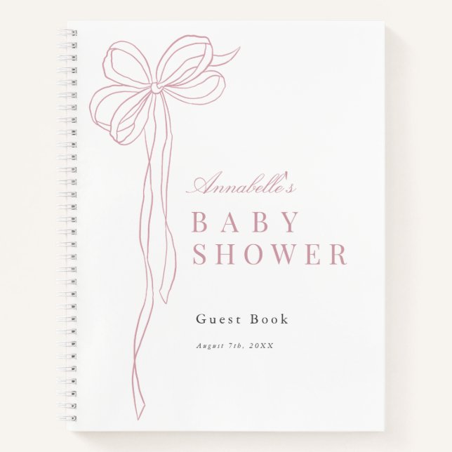 Long Pink Bow Ribbon Girl Baby Shower Guest Book Notizbuch (Vorderseite)