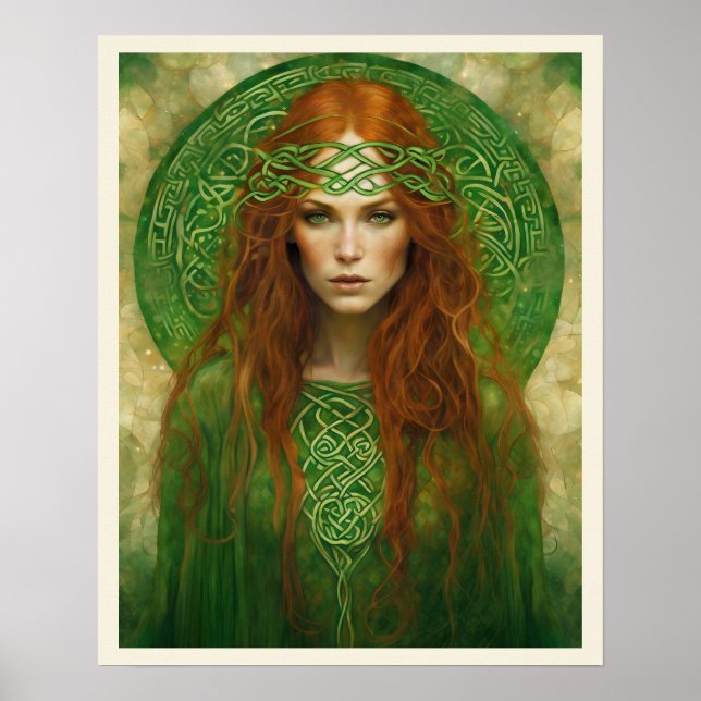 Long Red Hair Green Celtic Knot Headband Frau Poster (Vorne)