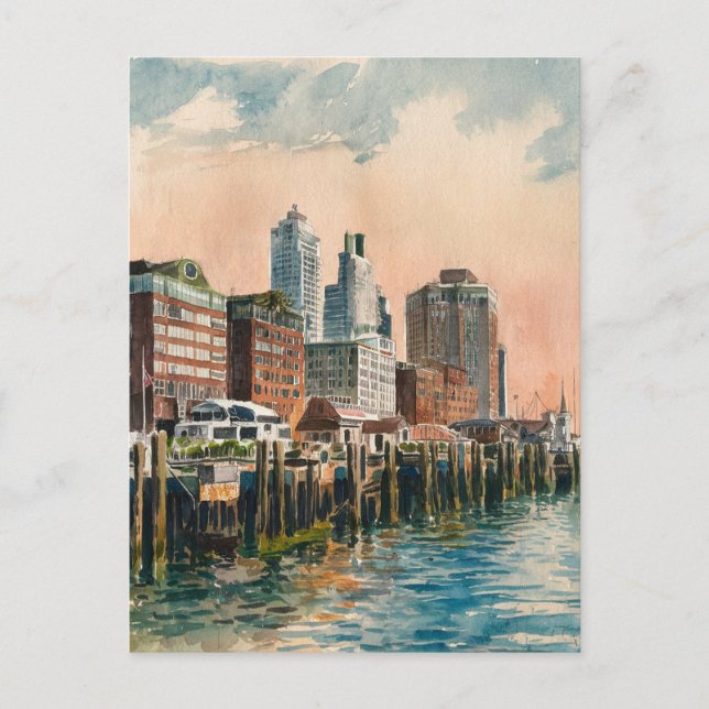 Long Wharf Boston Vintage Aquarellmalerei Postkarte (Vorderseite)