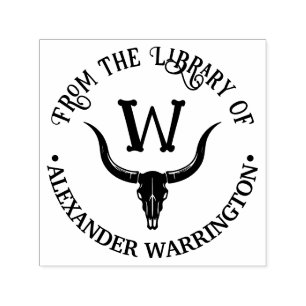 Longhorn-Bulle-Kuh-Schädel-Bibliothek-Buchname-Ini Permastempel