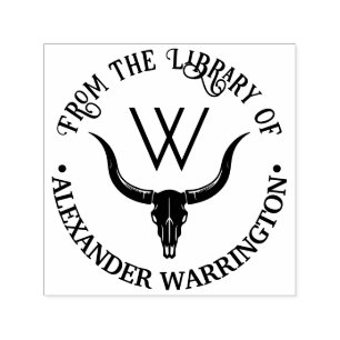 Longhorn-Bulle-Kuh-Schädel-Bibliothek-Buchname-Ini Permastempel