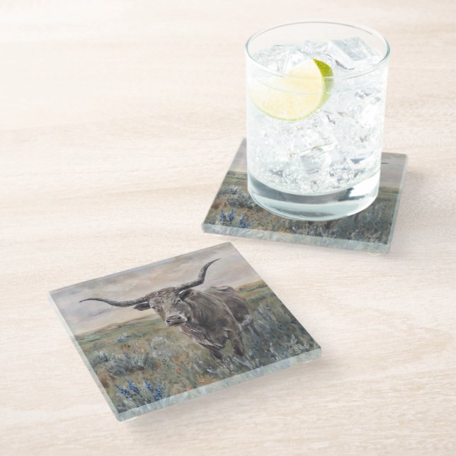 "Longhorn" Handbemalt Glasuntersetzer (Schrägansicht)