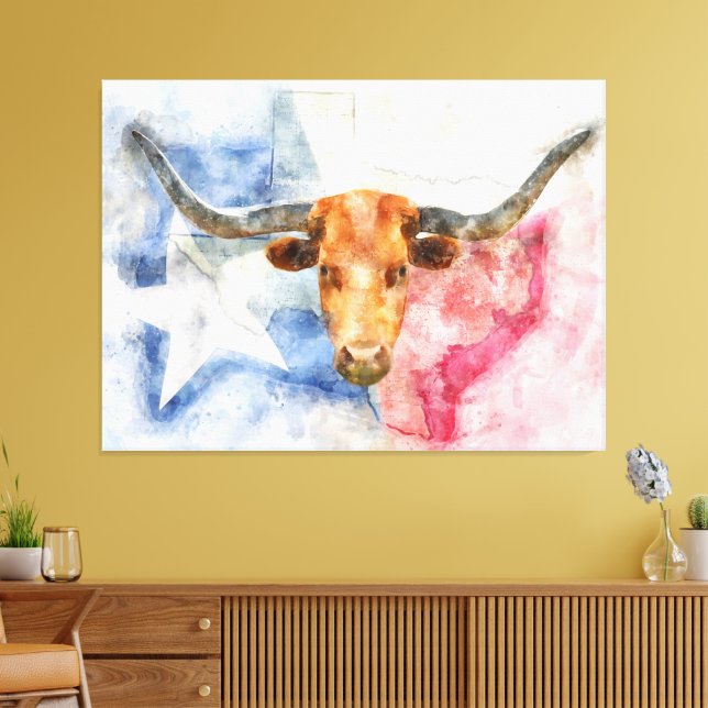 Longhornkuh mit Texas-Karte und Flaggenfarbe Leinwanddruck (Insitu (Wohnzimmer))