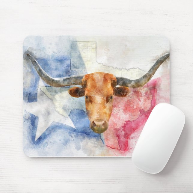 Longhornkuh mit Texas-Karte und Flaggenfarbe Mousepad (Mit Mouse)