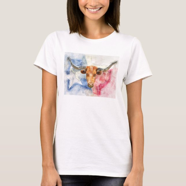 Longhornkuh mit Texas-Karte und Flaggenfarbe T-Shirt (Vorderseite)