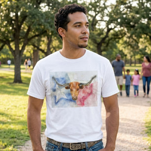 Longhornkuh mit Texas-Karte und Flaggenfarbe T-Shirt