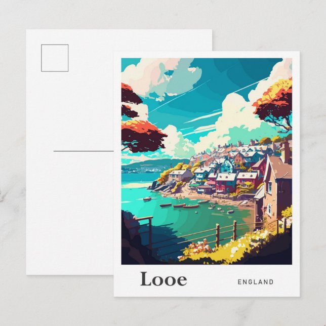 Looe England Art Vintage Reise - Illustration Postkarte (Vorne/Hinten)
