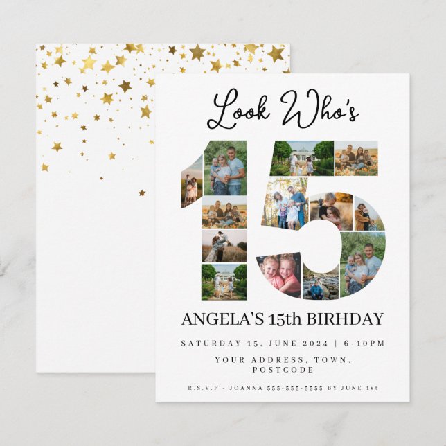 Look wer ist 15 Foto Collage quinceaneras Teenager Einladung (Vorne/Hinten)