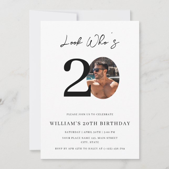 Look Who is 20 Birthday Modern Simple Foto Einladung (Vorderseite)