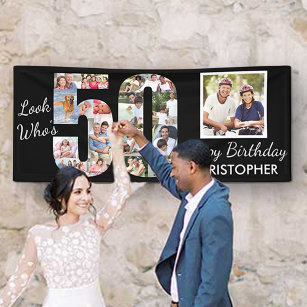 Look Who is 50 Foto Collage Black 50 th Birthday Banner