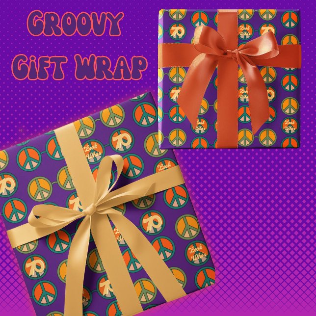 Look Who is 70 1960s Hippie Peace Glasses Geschenkpapier (Retro Hippie Peace glasses with the 70 in one lenz groove out on a rich purple background. Too Cool)