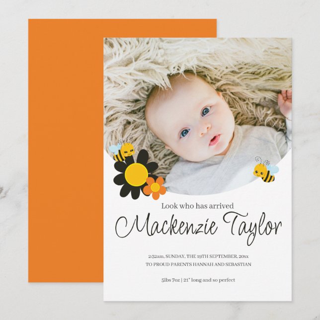 Look Who is Here New Baby Bee themed Announcement Einladung (Vorne/Hinten)