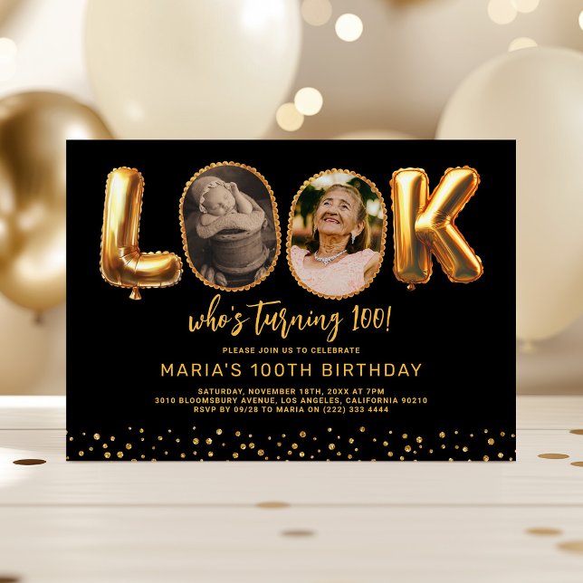 Look Who's 100 Black Gold Photo 100th Birthday Einladung (Von Creator hochgeladen)