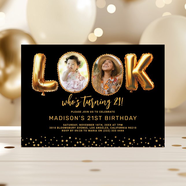 Look Who's 21 Black Gold Photo 21st Birthday Einladung (Von Creator hochgeladen)