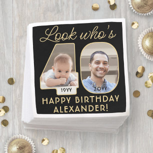 Look Who's 40 Black & Gold Happy Geburtstag 2 Foto Serviette
