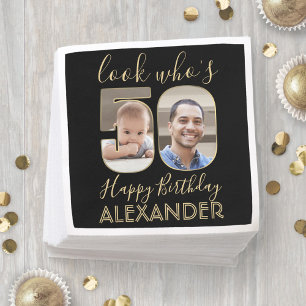 Look Who's 50 Black & Gold 50 Birthday Foto Serviette