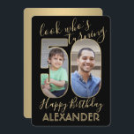 Look Who's 50 Black & Gold Geburtstagsparty 2 Foto Einladung<br><div class="desc">Schau, wer 50 wird! Laden Sie Familie und Freunde zu einem eleganten 50. Geburtstagsfest für ihn oder sie mit maßgeschneiderten 2 Foto Party Einladungen ein. Bilder und Texte auf dieser Vorlage sind einfach zu personalisieren. (IMAGE PLACEMENT TIP: Eine einfache Möglichkeit, ein Foto genau so zu positionieren, wie Sie es gewollt...</div>