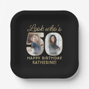 Look Who's 50 Black & Gold Happy Geburtstag 2 Foto Pappteller