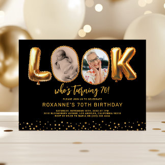 Look Who's 70 Black Gold Photo Seventy Birthday Einladung