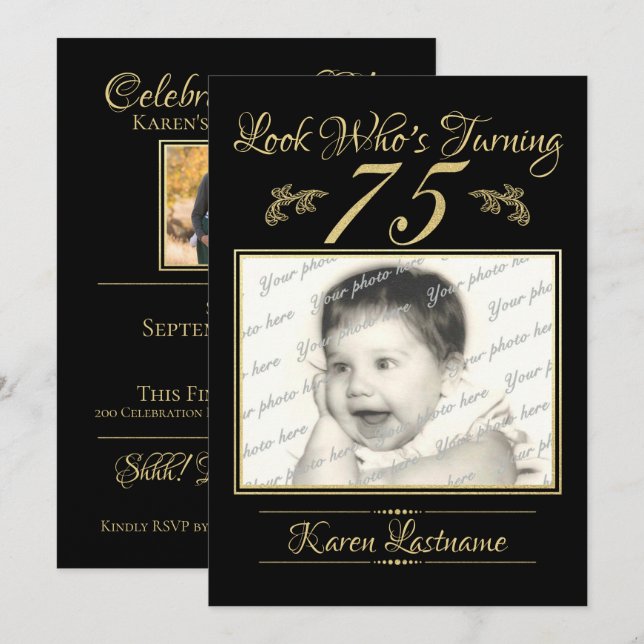 Look Who's 75 Foto Gold Black Einladung (Vorne/Hinten)