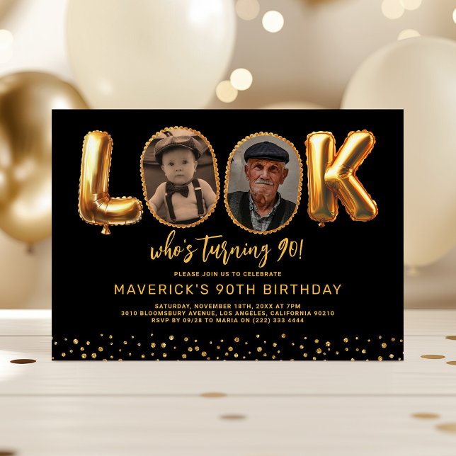 Look Who's 90 Black Gold Photo Ninety Birthday Einladung (Von Creator hochgeladen)