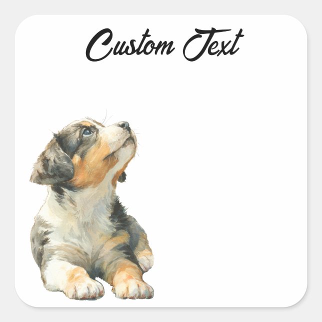 Looking Up Puppy | Personalized Custom Text Quadratischer Aufkleber (Vorderseite)