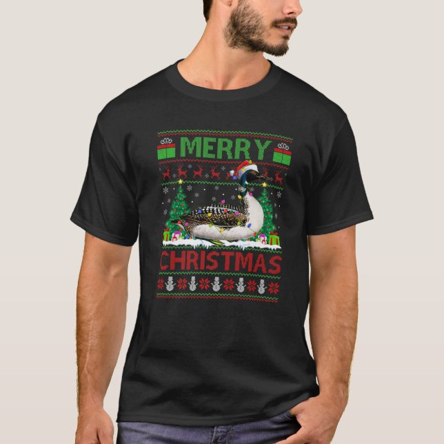 Loon Bird Lover Xmas Lighting Santa Ugly T-Shirt (Vorderseite)