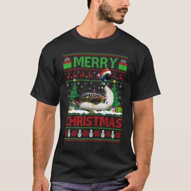 Loon Bird   Xmas Tree Lights Ugly Santa Loon Chris T-Shirt (Vorderseite)
