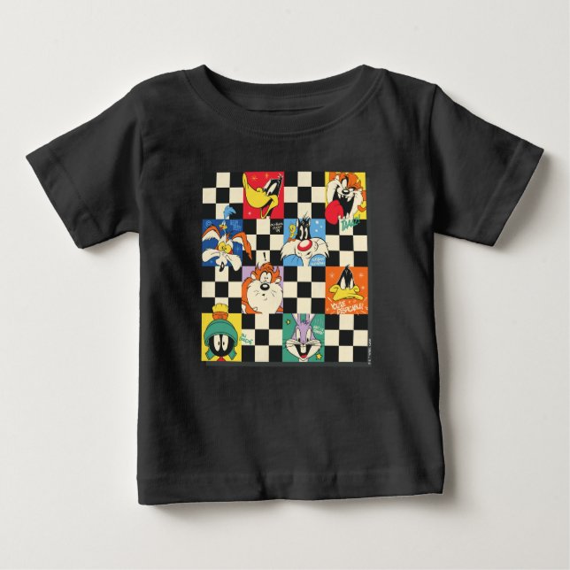 LOONEY TUNES™ Zeichen auf Schwarz/Weiß-Schachbrett Baby T-shirt (Vorderseite)