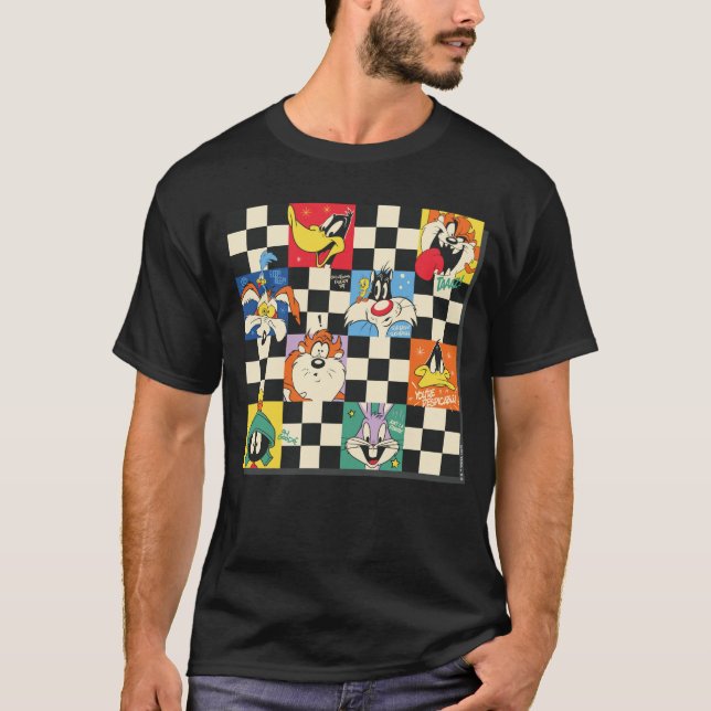 LOONEY TUNES™ Zeichen auf Schwarz/Weiß-Schachbrett T-Shirt (Vorderseite)
