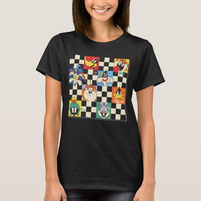 LOONEY TUNES™ Zeichen auf Schwarz/Weiß-Schachbrett T-Shirt (Vorderseite)