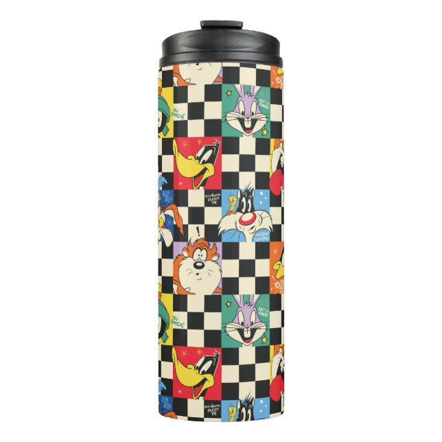LOONEY TUNES™ Zeichen auf Schwarz/Weiß-Schachbrett Thermosbecher (Vorderseite)