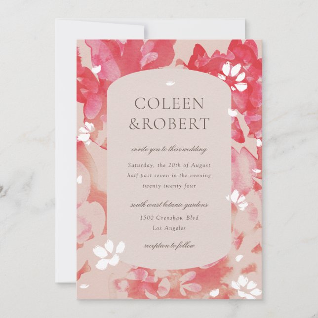 Loose Wasserfarbe Rosa Blütenkorallen Hochzeit Einladung (Vorderseite)
