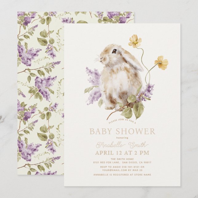 Lop Rabbit Bunny Lila Lilac Floral Baby Dusche Einladung (Vorne/Hinten)