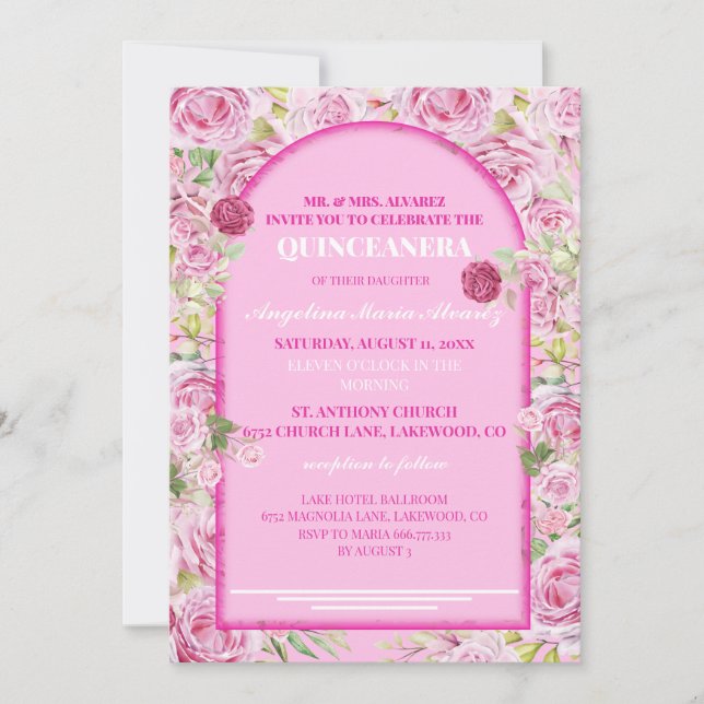 loral Rose Pink Quinceanera Invitation (Devant)
