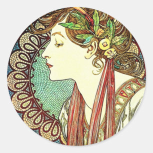 Lorbeer-Aufkleber Alphonse Mucha Runder Aufkleber