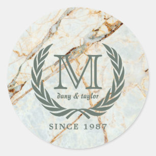 Lorbeer-Blatt-klassisches Monogramm-schöner Marmo Runder Aufkleber