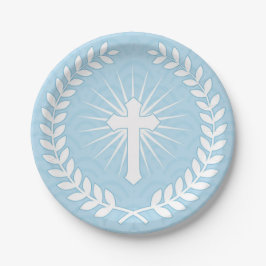 Lorbeer, Kreuz, blaues religiöses Pappteller